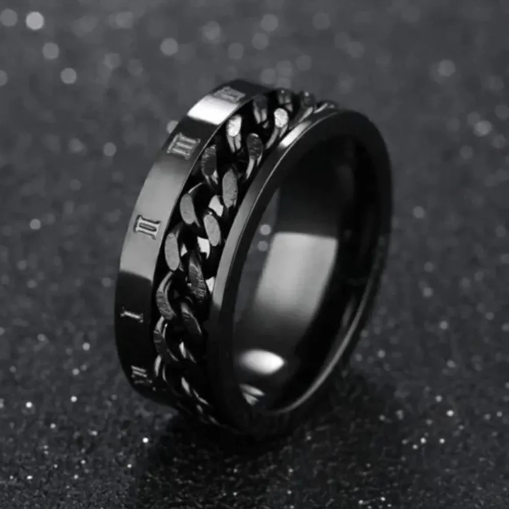STAINLESS STEEL BLACK BRAIDED ROMAN NUMERAL RING WEDDING BAND RING